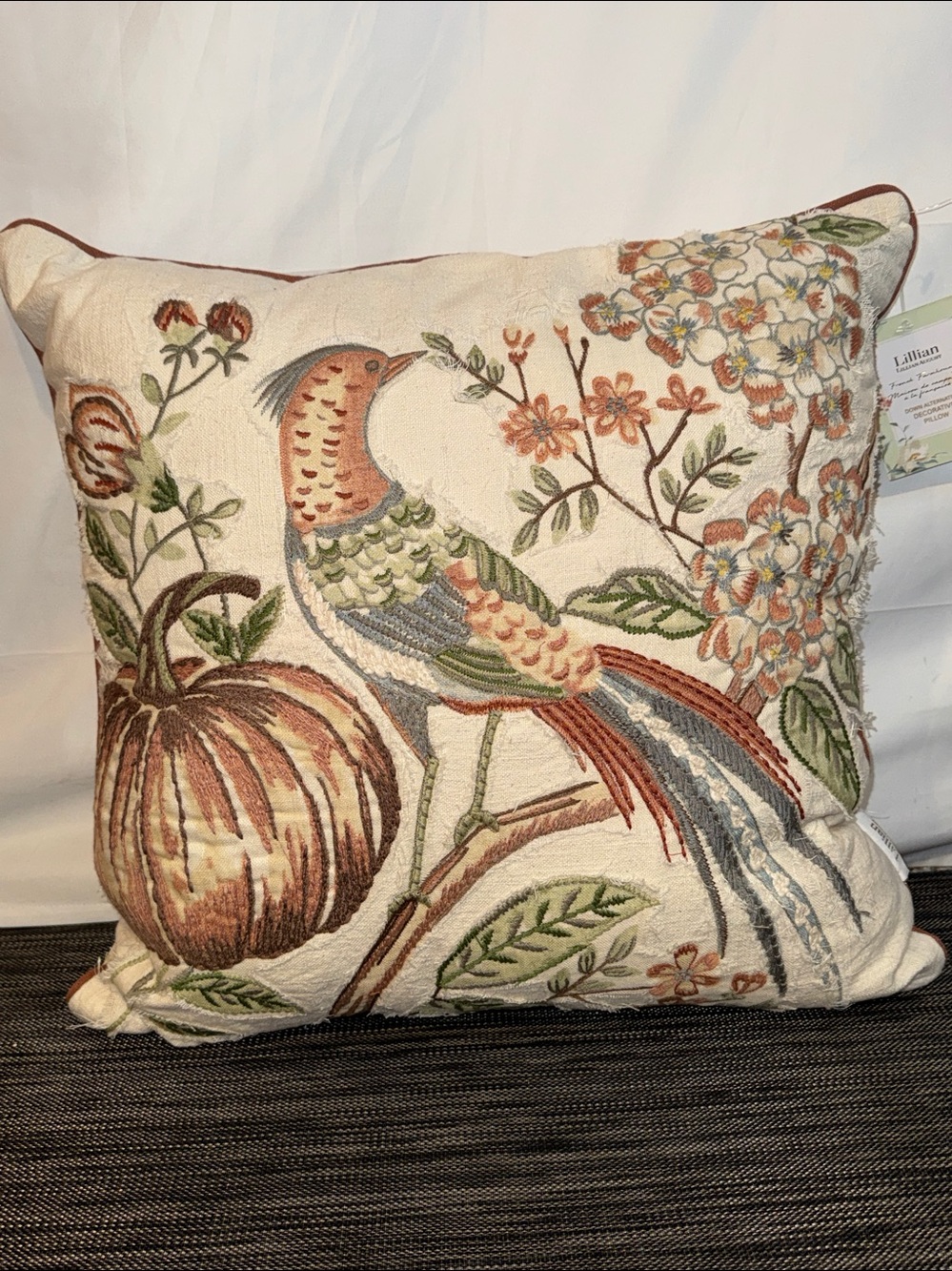 Embroidered Bird & Floral Accent Pillow in Cream with Earth Tone Embroidery